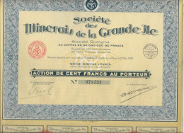 SOCIETE DES MINERAIS DE LA GRANDE ILE - MADAGASCAR - ACTION DE CENT FRANCS -ANNEE 1926 - Bergbau