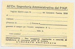 CARTOLINA NON VIAGGIATA SEGRETERIA AMMINISTRATIVA PARTITO NAZIONALE FASCISTA -1931 (RL235 - Political Parties & Elections