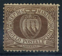 Saint-Marin 1877 Sass. 6 Neuf * MH 80% Chiffres, Emblème, 30 C - Unused Stamps