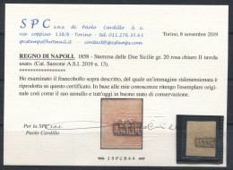 Naples 1858 Sass. 13 Oblitéré 80% Certificat Cardillo, 20 G, Table II - Nápoles