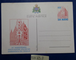 INTERO POSTALE SAN MARINO 25 ANNIV. ASS. VOLONTARI DEL SANGUE (SX658 - Interi Postali