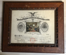 Cadre Avec CERTIFICAT D'ASSOCIATION COMMÉMORATIVE MAISON DU DRAPEAU AMÉRICAIN Et Betsy Ross Certificat 33582 De 1889 - Obj. 'Herinnering Van'