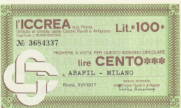 MINIASSEGNO FDS ICCREA L.100 ABAFIL MILANO (YA110 - [10] Assegni E Miniassegni