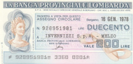 MINIASSEGNO FDS BANCA PROV.LOMBARDA L.200 INVERNIZZI (YA90 - [10] Assegni E Miniassegni