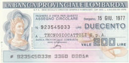 MINIASSEGNO FDS BANCA PROV.LOMBARDA L.200 TECNOGIOCATTOLI (YA86 - [10] Assegni E Miniassegni