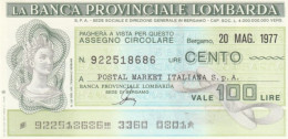 MINIASSEGNO FDS BANCA PROV.LOMBARDA L.100 POSTAL MARKET (YA41 - [10] Assegni E Miniassegni