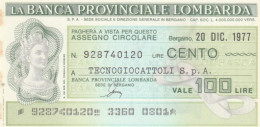 MINIASSEGNO FDS BANCA PROV.LOMBARDA L.100 TECNOGIOCATTOLI (YA58 - [10] Assegni E Miniassegni