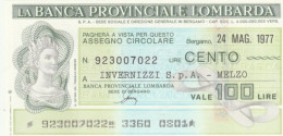 MINIASSEGNO FDS BANCA PROV.LOMBARDA L.100 INVERNIZZI (YA35 - [10] Assegni E Miniassegni