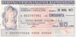 MINIASSEGNO FDS BANCA PROV.LOMBARDA L.50 POSTAL MARKET (YA15 - [10] Assegni E Miniassegni