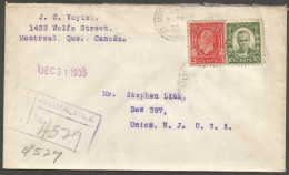 1935 Registered Cover 13c Cartier/Medallion CDS Montreal Stn H PQ Quebec To USA - Historia Postale