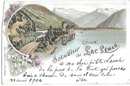 Litho Souvenir Du Lac Léman Chillon 1904 Train à Vapeur Défaut - Veytaux