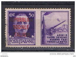 R.S.I.:  1944  PROPAGANDA  DI  GUERRA  SOPRASTAMPATO  -  50 C. VIOLETTO  US. -  SASS. 34 - Propaganda Di Guerra