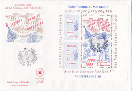 Saint-Pierre & Miquelon - Enveloppe FDC Bicentenaire Révolution Française - CAD 14 Juillet 1989 - Timbre YT Bloc N°3 - FDC