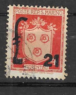 SAN MARINO - 1947 - STEMMA SOPRASTAMPATO - L.21/L.4 - USATO (YVERT 288 - MICHEL 377- SS 311) - Gebraucht