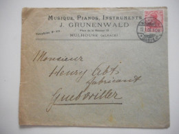 ENVELOPPE MULHOUSE POUR GUEBWILLER COMMERCIALE 1908, MUSIQUE PIANOS INSTRUMENTS J. GRUNENWALD - Collections (sans Albums)