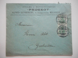 PEUGEOT, ENVELOPPE CYCLES MOTOCYCLETTES MULHOUSE POUR GUEBWILLER COMMERCIALE 1908 PEUGEOT - Collections (sans Albums)