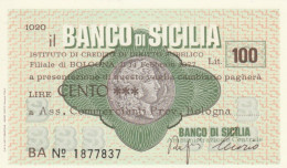 MINIASSEGNO FDS BANCO DI SICILIA L.100 ASS COMM BO (ZY832 - [10] Assegni E Miniassegni