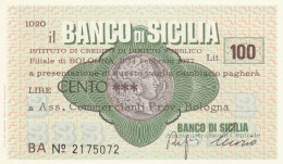 MINIASSEGNO FDS BANCO DI SICILIA L.100 ASS COMM BO (ZY831 - [10] Assegni E Miniassegni