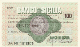 MINIASSEGNO FDS BANCO DI SICILIA L.100 ASS COMM BO (ZY826 - [10] Assegni E Miniassegni