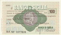 MINIASSEGNO FDS BANCO DI SICILIA L.100 ASS COMM BO (ZY825 - [10] Assegni E Miniassegni