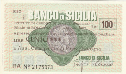 MINIASSEGNO FDS BANCO DI SICILIA L.100 ASS COMM BO (ZY819 - [10] Assegni E Miniassegni