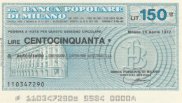 MINIASSEGNO FDS BANCA POPOLARE MILANO L.150 AUTOSTRADE (ZY813 - [10] Assegni E Miniassegni