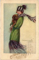 PC ARTIST SIGNED, BOMPARD, 1ER AVRIL, LADY WITH DOG, Vintage Postcard (b50944) - Bompard, S.