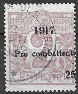 SAN MARINO - 1917 - ORDINARIA CIFRA SOVRASTAMPATO - C.25/2 -  USATO (YVERT 50 - MICHEL 50  SS 51) - Gebraucht