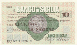 MINIASSEGNO BANCO DI SICILIA LA NAZIONE L.100 FDS (YM1033 - [10] Assegni E Miniassegni