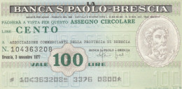 MINIASSEGNO BANCA S.PAOLO BRESCIA ASS COMM BRESCIA L.100 FDS (YM914 - [10] Chèques