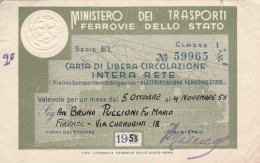 CARTA LIBERA CIRCOLAZIONE FERROVIE DELLO STATO 1953 (PREMIO OBBLIGAZIONI) (XF41 - Europa