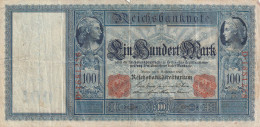 BANCONOTA GERMANIA 100 1909 REICHSBANKONOTE  PICCOLO STRAPPO IN ALTO VF  (B_315 - 100 Mark