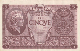 BANCONOTA ITALIA BIGLIETTO STATO 5 AUNC  (B_233 - Italië– 5 Lire