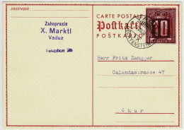 Liechtenstein 1938, Ganzsachen-Karte Vaduz - Chur, Mit Aufdruck Neuer Wert - Interi Postali