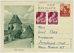 Liechtenstein 1962, Ganzsachen-Karte Rotes Haus Vaduz - Innsbruck (Oesterreich), Aushilfsstempel, Enzian - Entiers Postaux