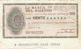 MINIASSEGNO  100 LIRE BANCA SALENTO-CONS PROV LECCE CIRCOLATO (BN415 - [10] Assegni E Miniassegni