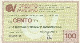 MINIASSEGNO  100 LIRE CREDITO VARESINO-LA CENTRALE QFDS (BN410 - [10] Assegni E Miniassegni