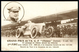 F. NAZZARO - CL. NEURISSE - GRAND PRIX DE L'A.C.F. "VITESSE" - 1er FIAT AVEC VOITURE 2 LIT. - STRASBOURG 15 JUILLET 1922 - Grand Prix / F1