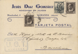 Tarjeta Comercial Circulada De Almansa A Barcelona, El 30/8/37. Marca "COMITÉ DE CONTROL - UGT - ALMANSA". - Bolli Di Censura Repubblicana