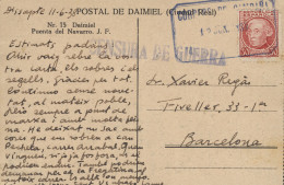 T.P. De Daimiel (Ciudad Real) A Barcelona, El 11/6/38. Marca "Correo De Campaña" Y "Censura De Guerra". - Marcas De Censura Republicana