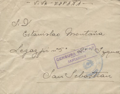 Carta De Santander A San Sebastián. Marca "Sanidad Militar - Santander" Y "Censura Militar". - Marques De Censures Républicaines