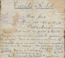 Frontal Circulado A Barcelona, El 15/9/38. Marca "Campo De Trabajo Nº 6 - Destacamento Nº 3". Rarísimo. - Marcas De Censura Republicana