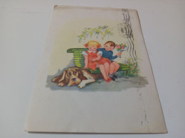 CARTOLINA BAMBINI SU UNA PANCHINA CON CANE- VIAGGIATA 1954 - Cartes Humoristiques