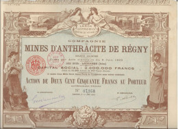 COMPAGNIE DES MINES D'ANTHRACITE DE REGNY  -LOIRE-SIEGE SOCIAL :LAUSANNE SUISSE - SUPERBE ACTION DE 250 FRS .ANNEE 1903 - Bergbau