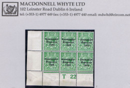 Ireland 1922-23 Thom Saorstát 3-line Overprint In Blue-black On ½d Green Corner Block Of 6 Control T22 Perf Plate 4 - Unused Stamps