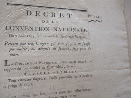 Révolution Décret Convention 07/08/1793 An 2 Peine De Mort Pour Les Hommes En Fausse Patrouille Et Déguisés En Femme - Decreti & Leggi