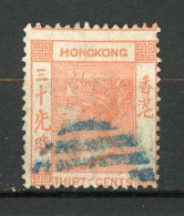 H-K  Yv. N° 16 ; SG N° 15  Fil CC  (o)  30c Vermillon Victoria  Cote  18 Euro BE   2 Scans - Used Stamps