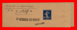 YVERT BANDE JOURNAUX 279-BJ1 Semeuse 10 Cts Bleue Avec Achets En Marge ST GERMAIN LES BELLES - HAUTE VIENNE - Newspaper Bands