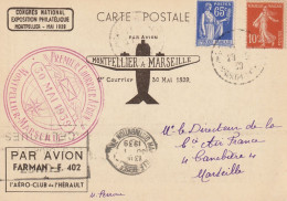 1939-Exposition Philatélique Montpellier-Montpellier/Marseille-Premier Courrier Aérien Par Avion Farman F402 - Filatelistische Tentoonstellingen
