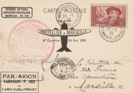 1939-Exposition Philatélique Montpellier-Montpellier/Marseille-Premier Courrier Aérien Par Avion Farman F402 - Esposizioni Filateliche